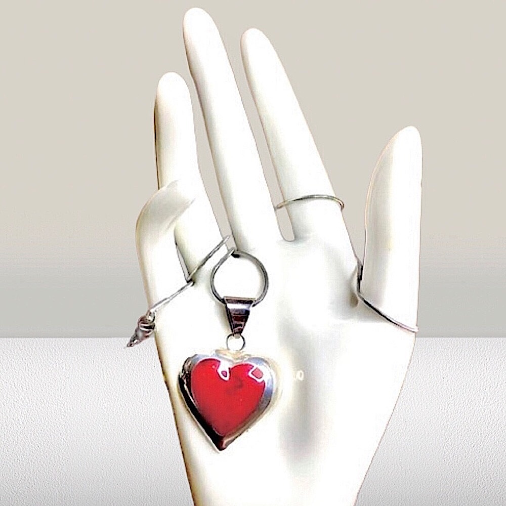 TAXCO Sterling Silver Red Jasper Heart Cabochon Pendant Necklace